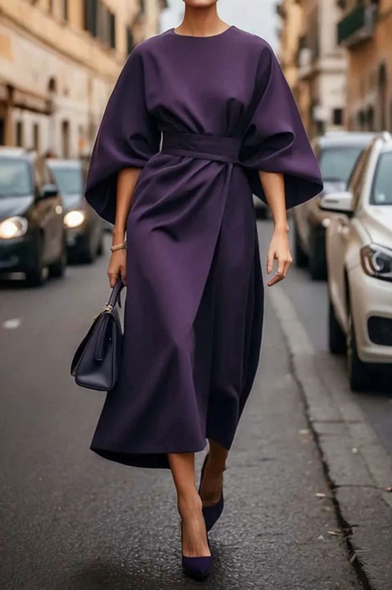 Women's Fashion Elegant Solid Color Waist Tight Casual Dolman Sleeve Dress