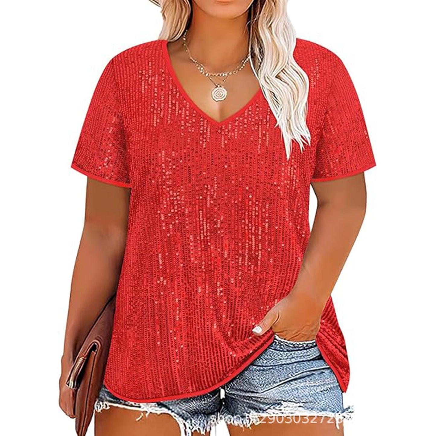 Women's Cross Summer Sexy Sequined Sleeve Loose-fitting Blouses