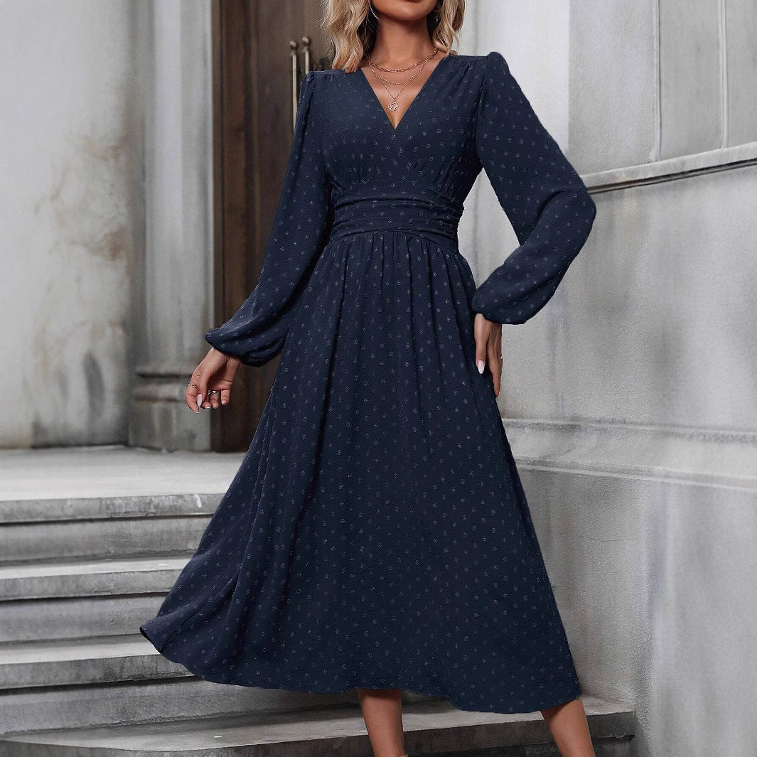 Women's Diagonal Collar Lantern Sleeve Elegant Slimming Dress