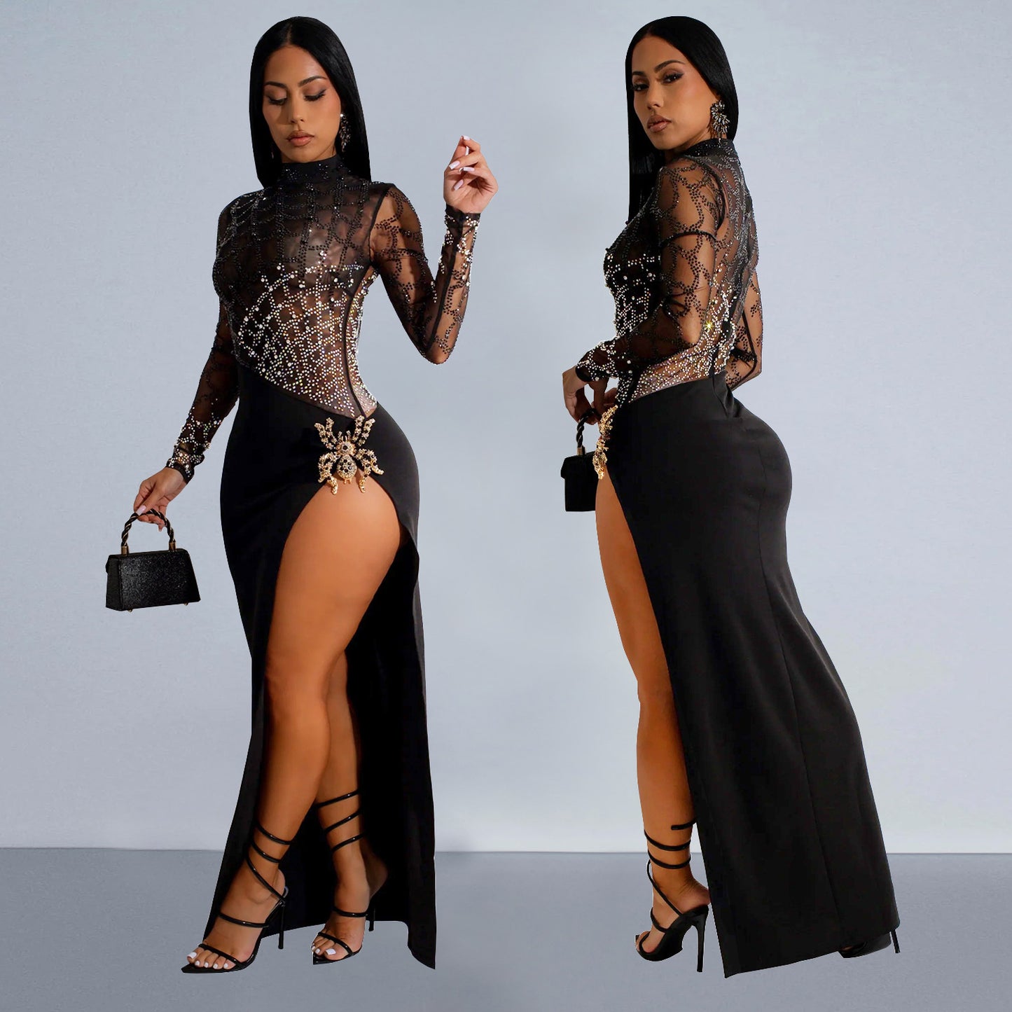 Women's Wear Rhinestone Sexy Cutout Long Sleeve Dresses