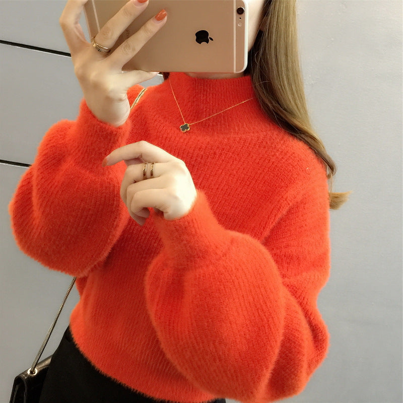 Women's Lantern Sleeve Loose Outer Wear Half Turtleneck Base Knitting Korean Sweaters