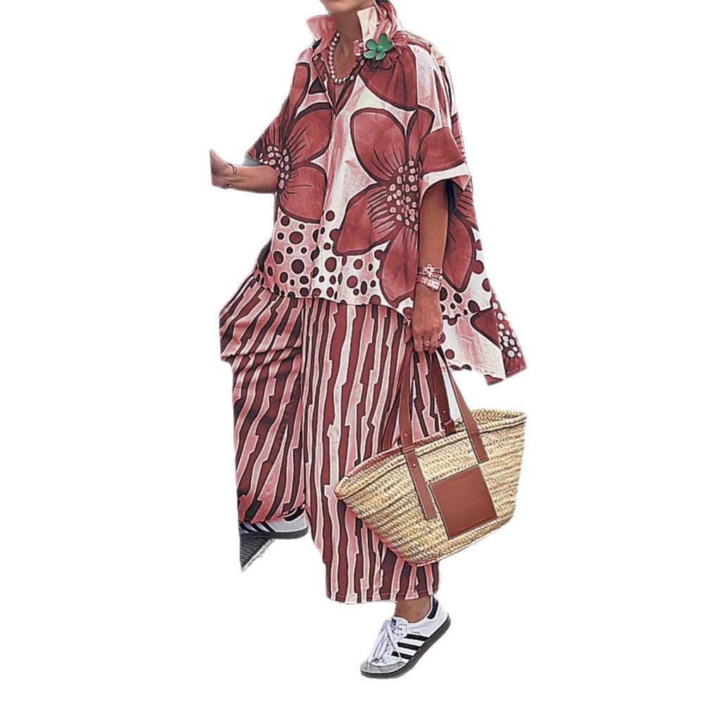 Women's Summer Lapel Loose Flower Print Set Fashion Casual Suit