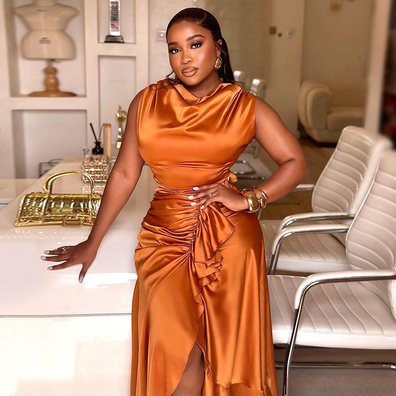 Women's Sleeveless Slim Fit Ruffled Mid-length Irregular Dresses