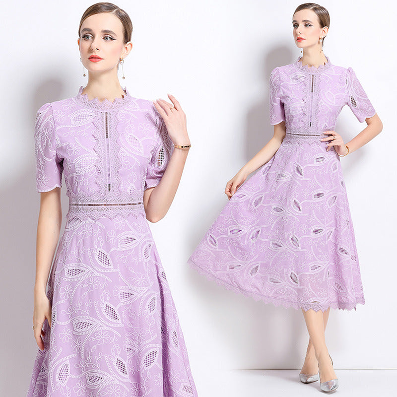 Women's French Retro Hollow Embroidered Waist Trimming Dresses