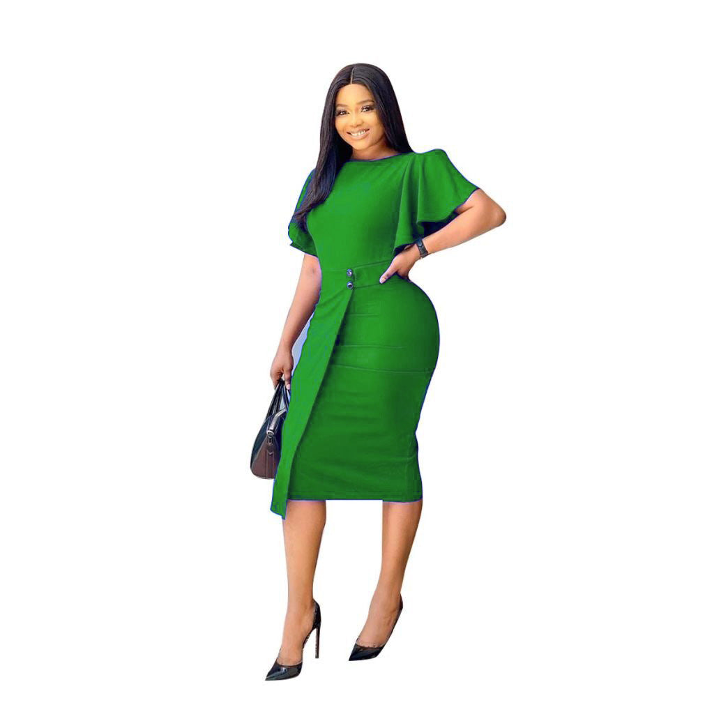 Women's Summer Flared Sleeve Crew Neck Split Sheath Business Skirts