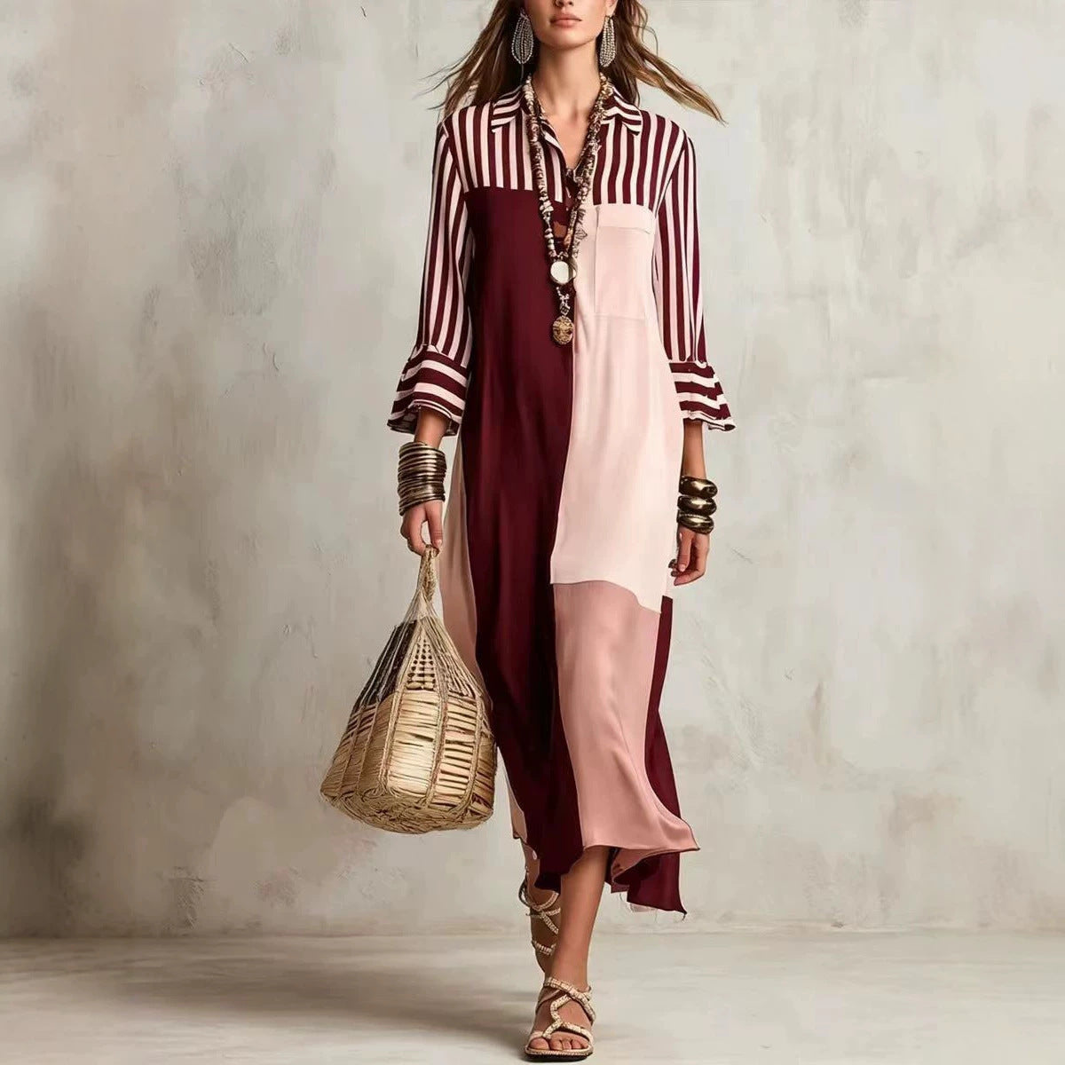 Fashion Elegant Graceful Striped Cropped Sleeve Dress