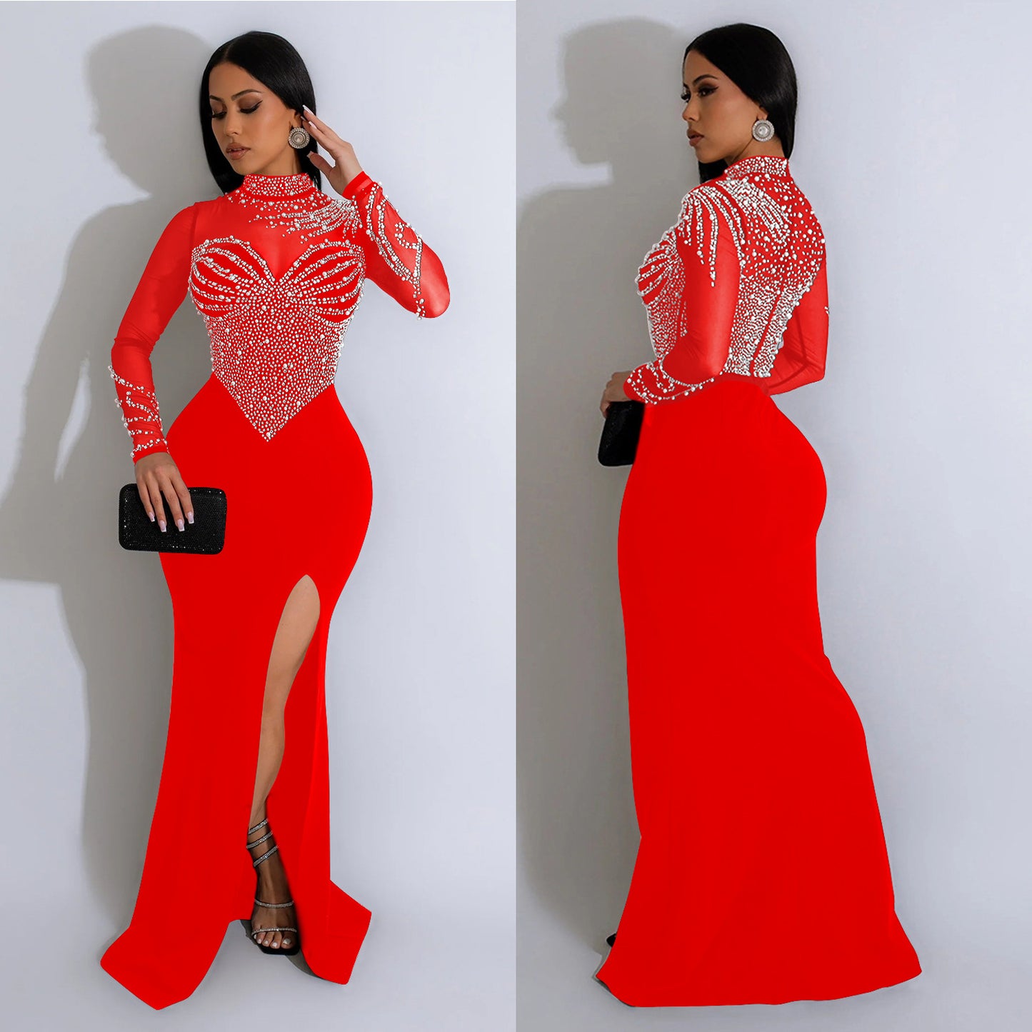 Women's Pure Color Mesh Hot Drilling Split Dresses