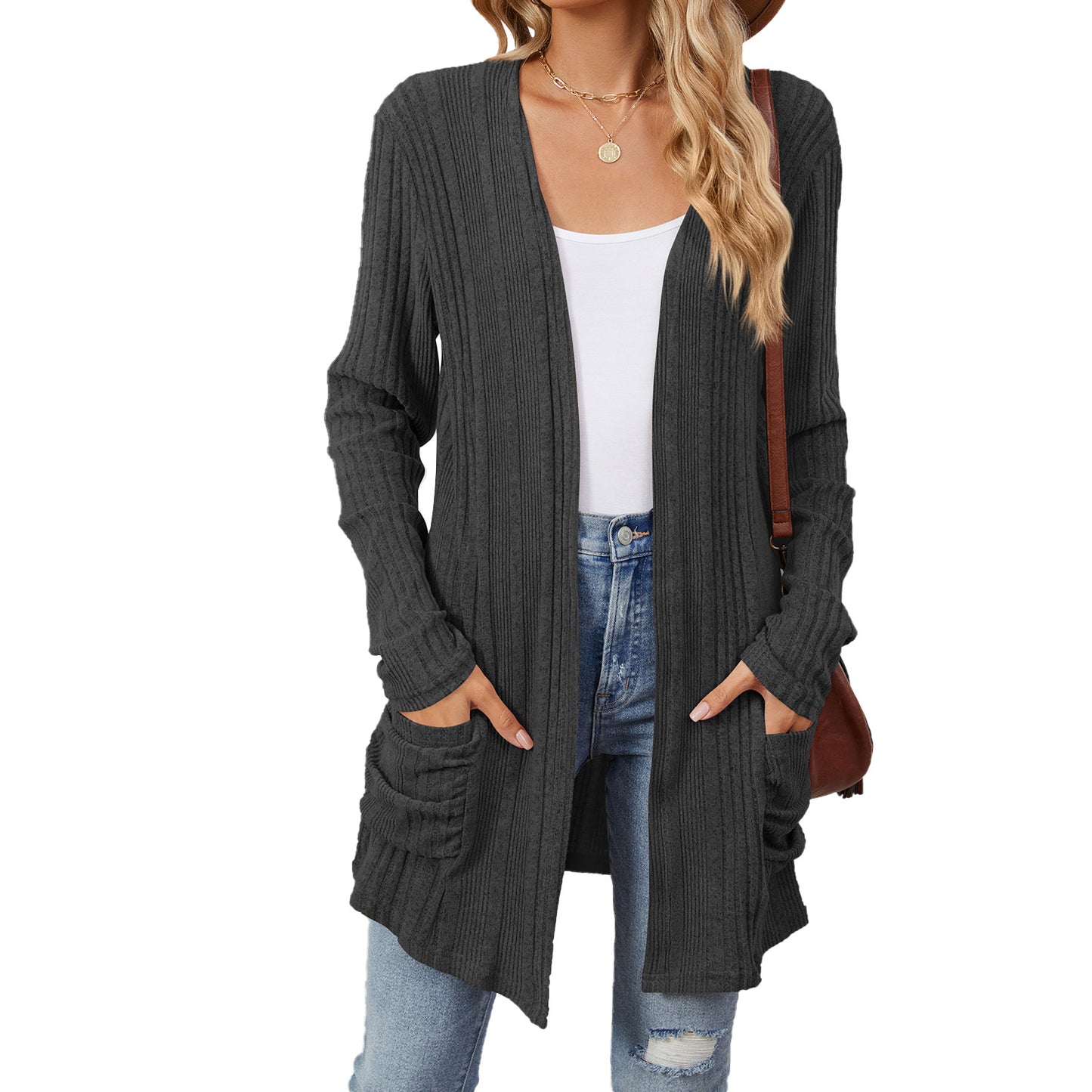 Women's Color Rib Fabric Brushed Pocket Long Cardigans