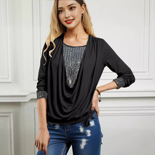 Women's Contrast Solid Color Long-sleeved Large Drop Blouses