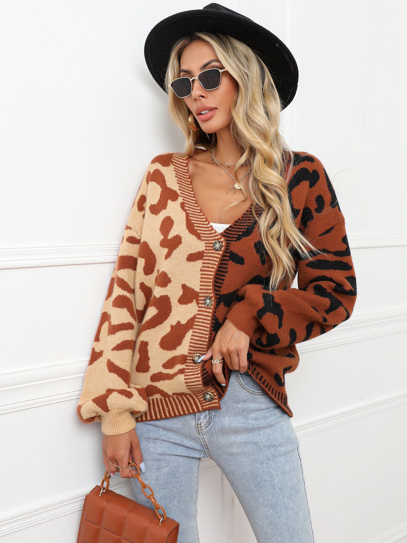 Graceful Comfortable Winter Leopard Splicing Button Women's Sweater