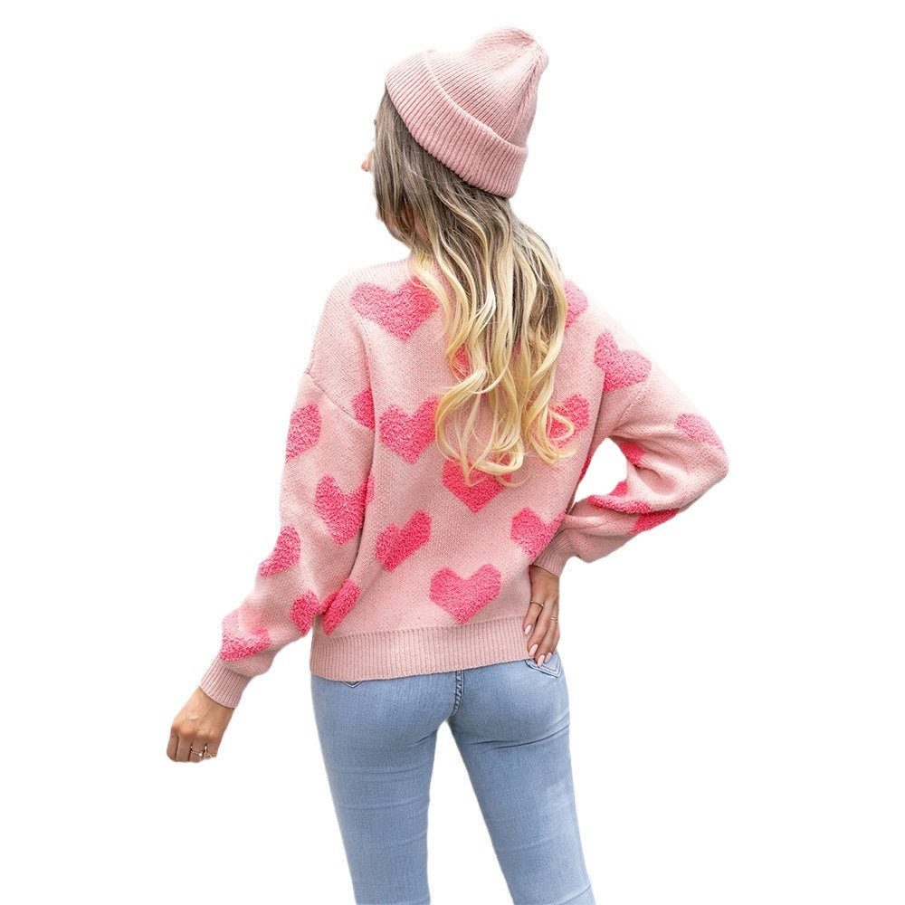 Women's Valentine's Day Round Neck Pullover Peach Heart Plus Size