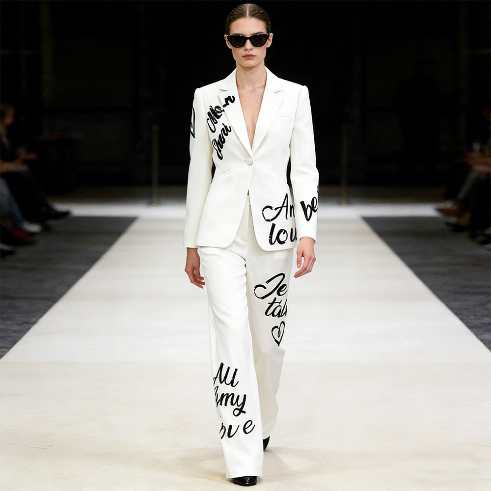 Early Spring English Alphabet Embroidery Sequined Trousers Two-piece Fashion Casual Suit