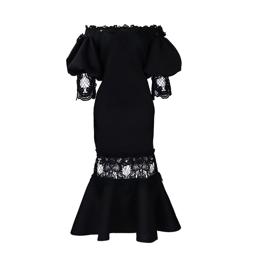 Women's Puff Sleeve Lace Stitching Banquet Fishtail Dresses