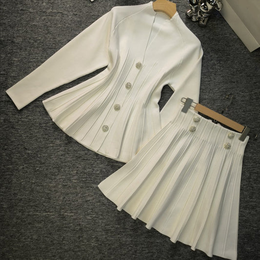 Elegant Pleated Slimming Flounce Hem Outfit Suits