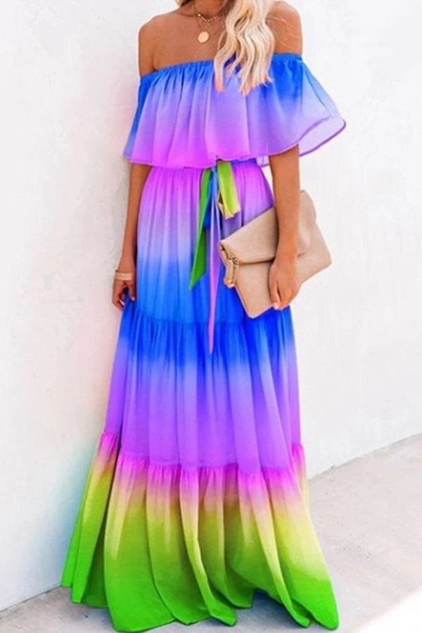 Women's Wrapped Chest Print Gradient Color Large Dresses