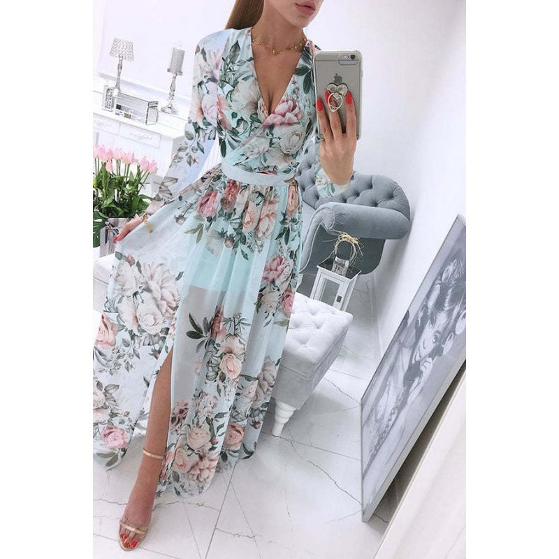 Women's Summer Long Sleeve Chiffon Printed Bohemian Dresses