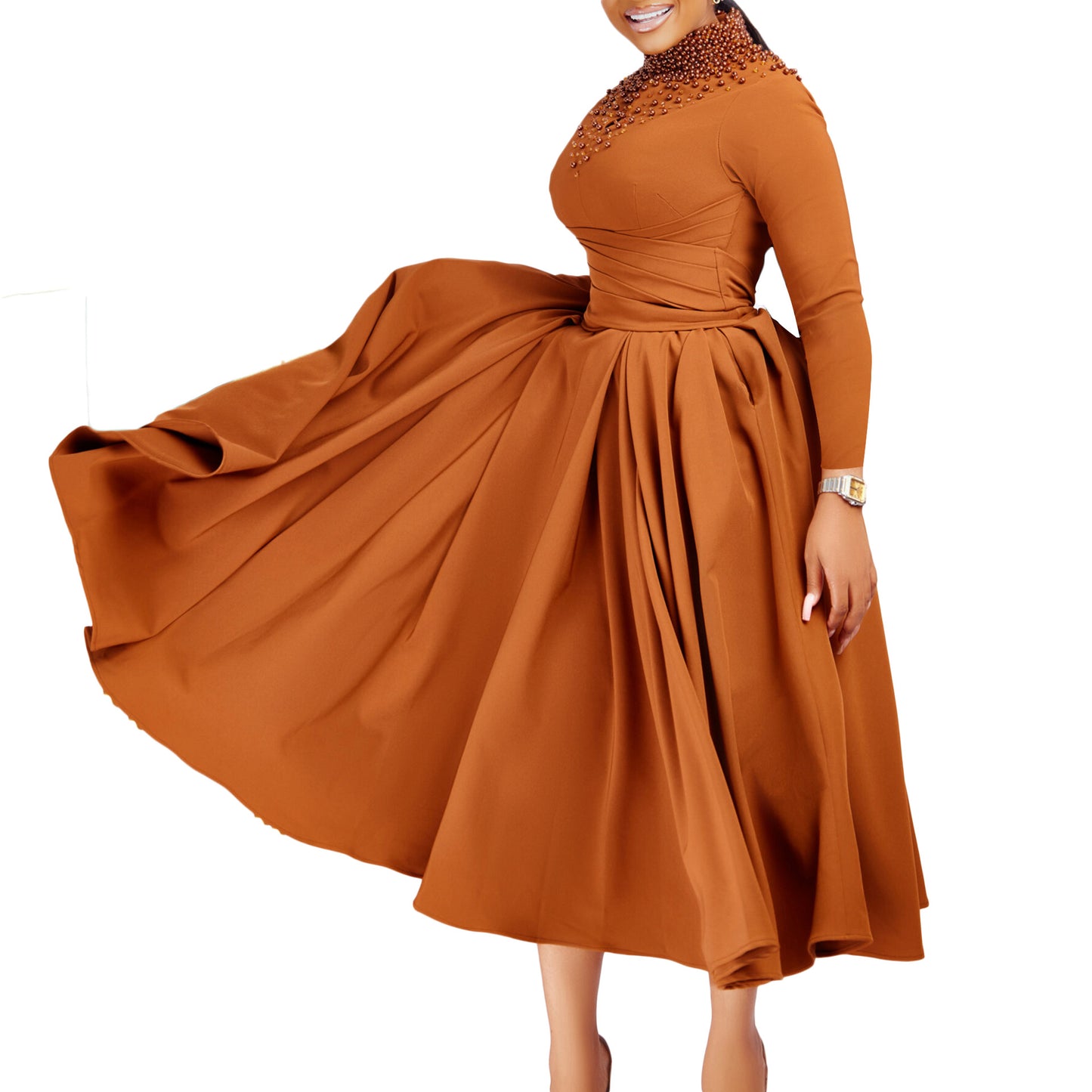 Women's Fashion High Collar Elegant Beaded Formal Swing Waist Dress