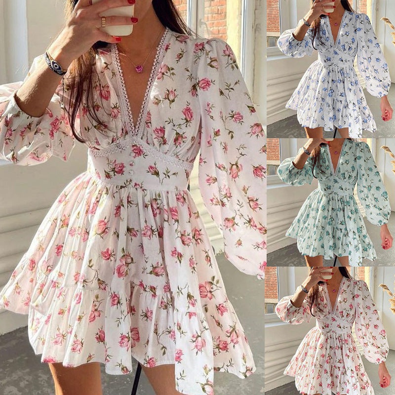 Women's Spring Sweet Printed Lace Long Sleeve Dresses