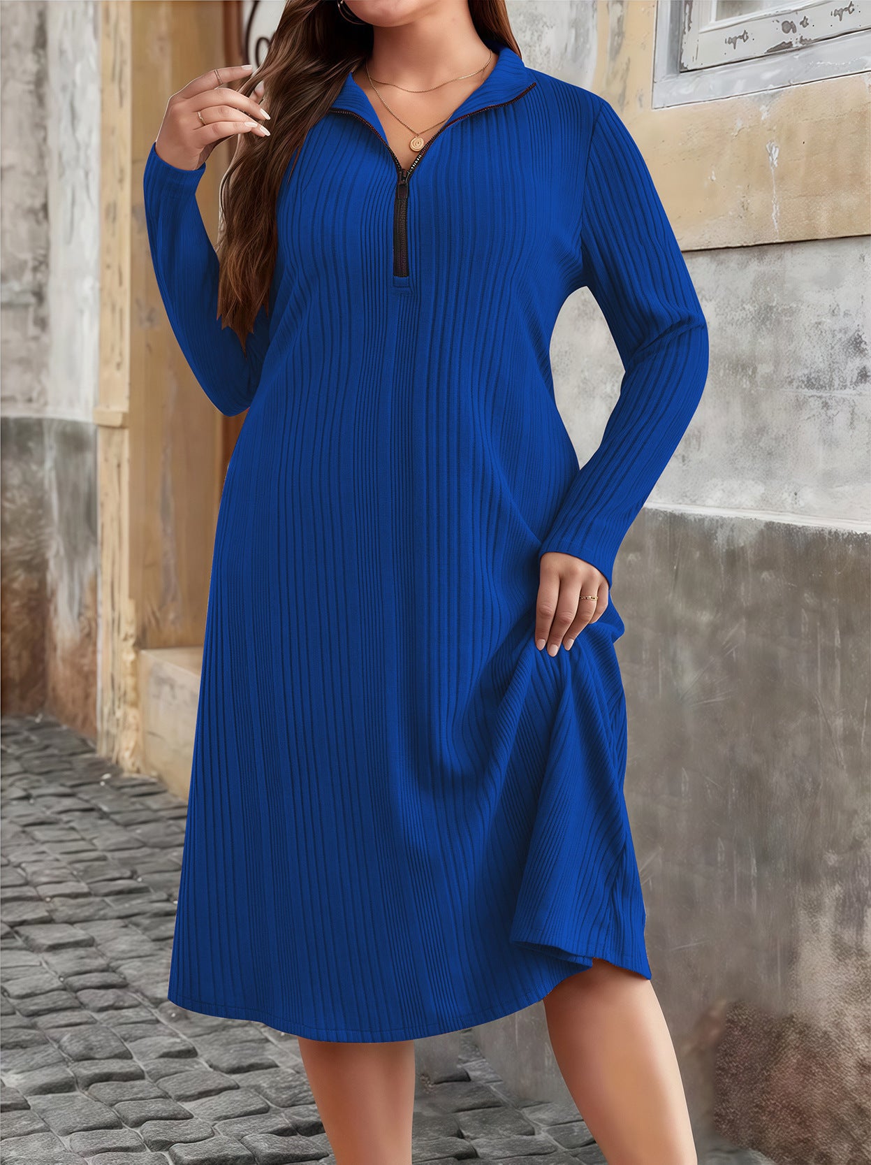 Women's Sunken Stripe Round Neck Zipper Plus Size