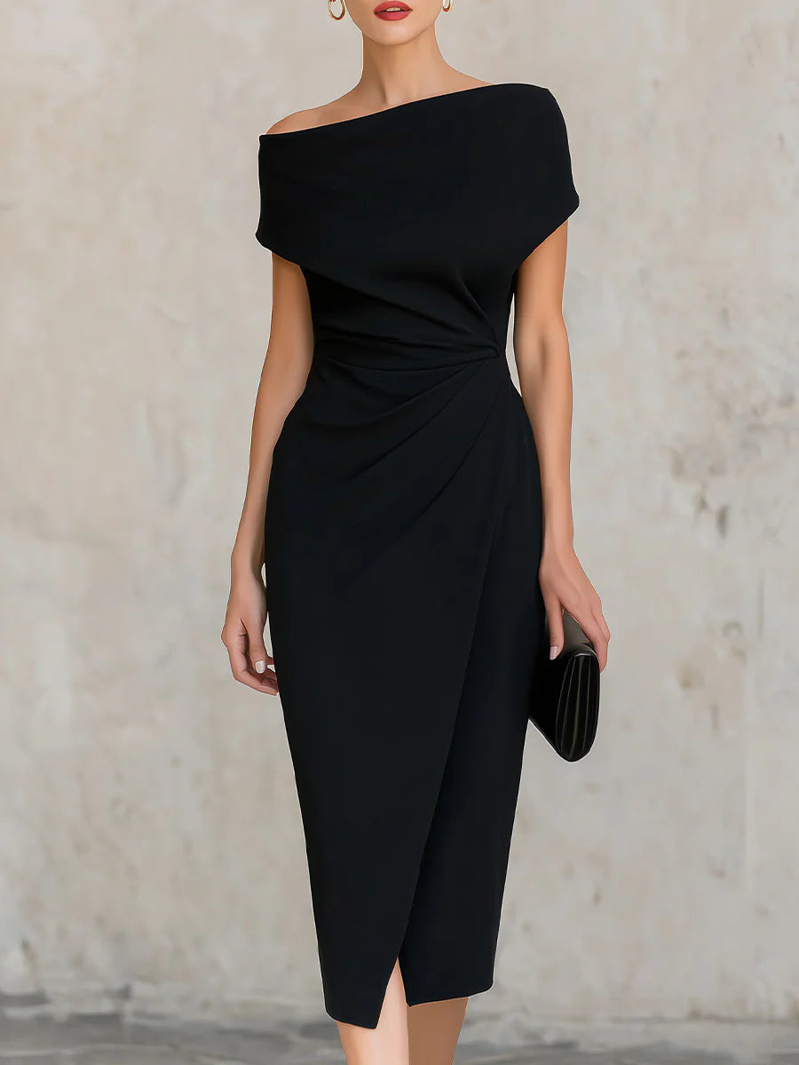 Women's Fitted Waist Pleated Banquet Commuter Split Dress