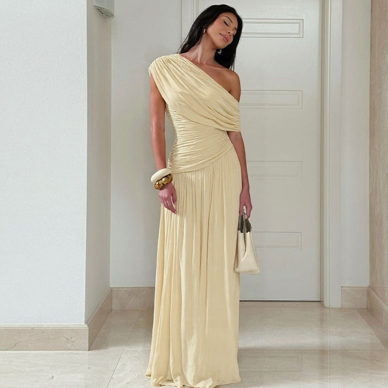 Women's Fashion Sexy Diagonal Collar Pleated Irregular Dresses