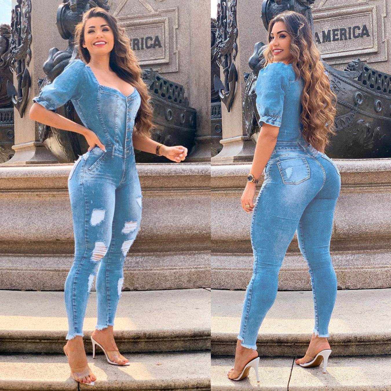 Women's Ruffled Puff Sleeve Fashion Casual Sexy Jeans
