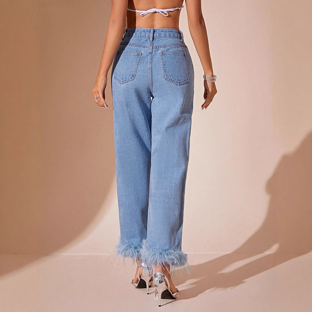 Women's Pretty Charming Fur Stitching Straight Jeans