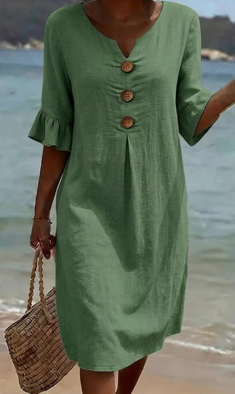 Women's Cotton Linen Large Buttons Ruffle Sleeve Dress