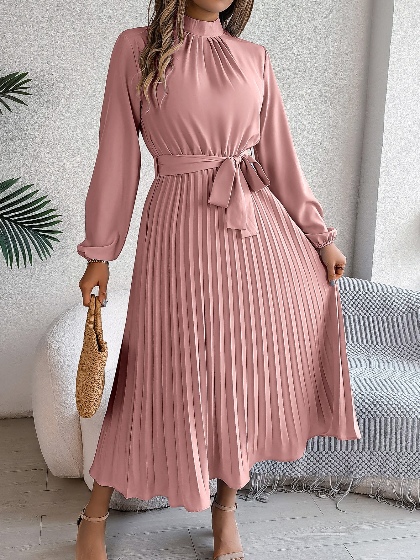 Women's Stand Collar Long Sleeve Cinched Pleated Clothing
