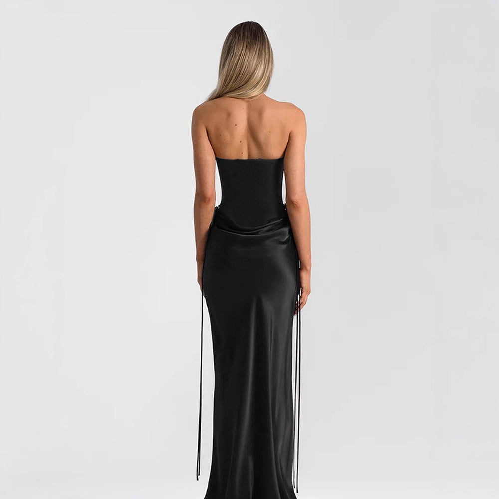 Women's Solid Color Fishbone Waist Slim Drape Ribbon Dress