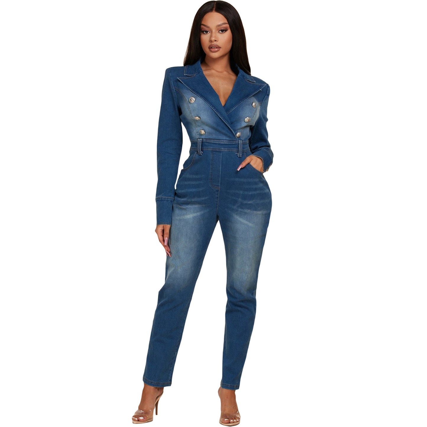 Women's Sexy Collar Double Row Button Denim Suits