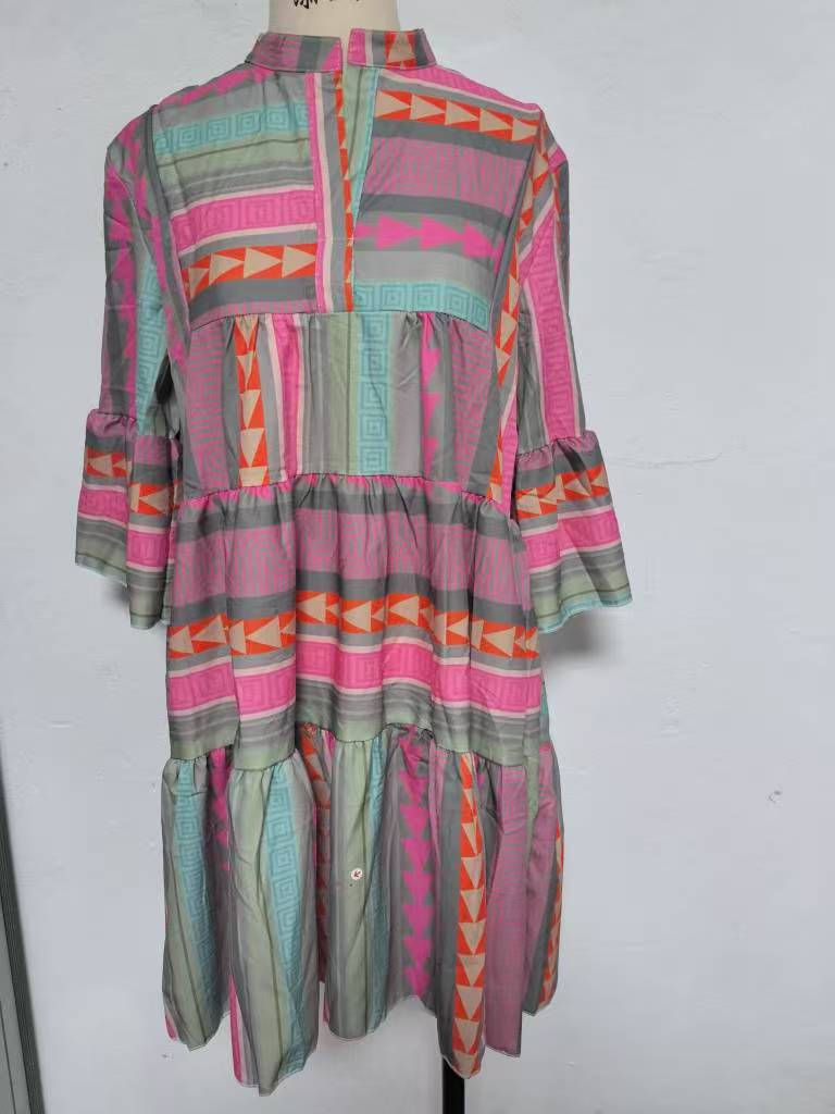 Fashion Printing Stand-up Collar Sleeve Dress Dresses