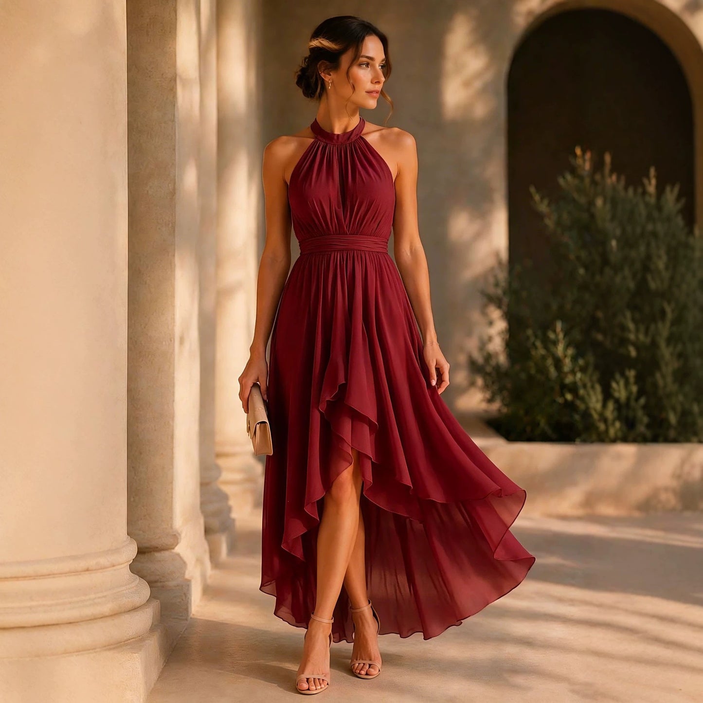Attractive Chiffon Temperament Halter Irregular Sleeveless Dress