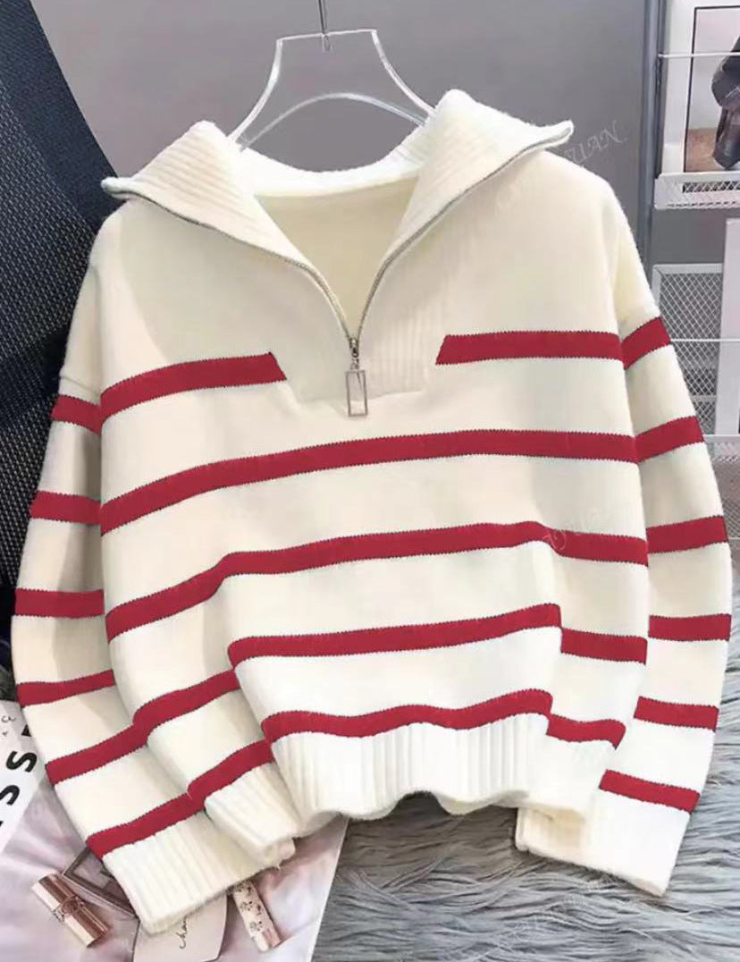 Contrast Color Striped Loose Idle Korean Style Pullover Urban Half Women's Sweater