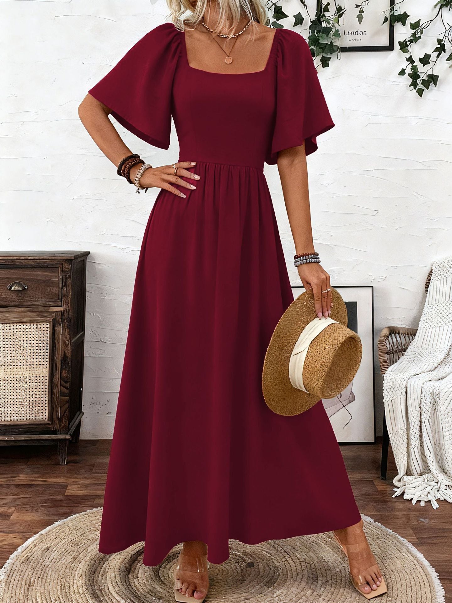 Women's Bohemian Style Square Collar Fashionable Elegant Ruffle Sleeve Dress