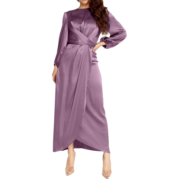 Fresh Sweet Satin Long Lantern Sleeve Lace Dress