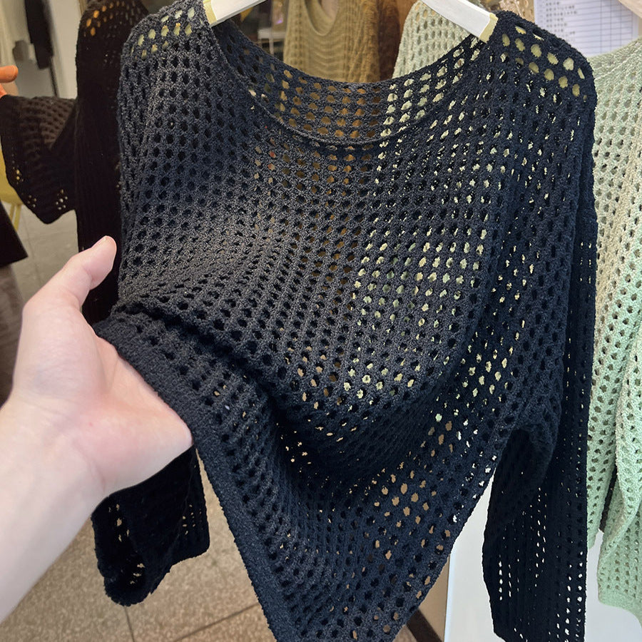 Women's Goods Long Sleeve Hollow Knitted Mesh Shirt Smock Outer Tops