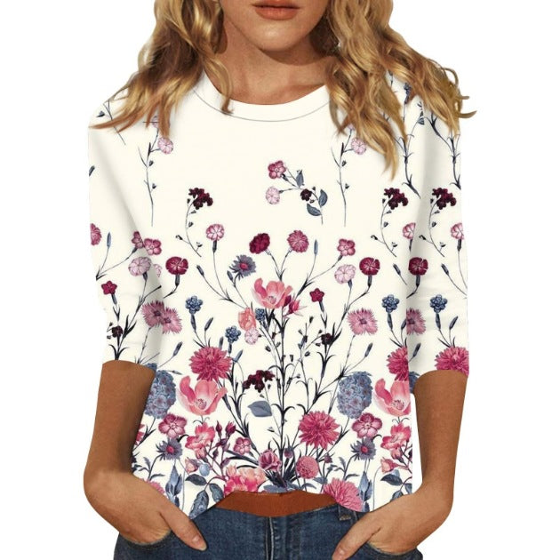 Women's Printed Sleeves Loose Crew Neck Casual Blouses