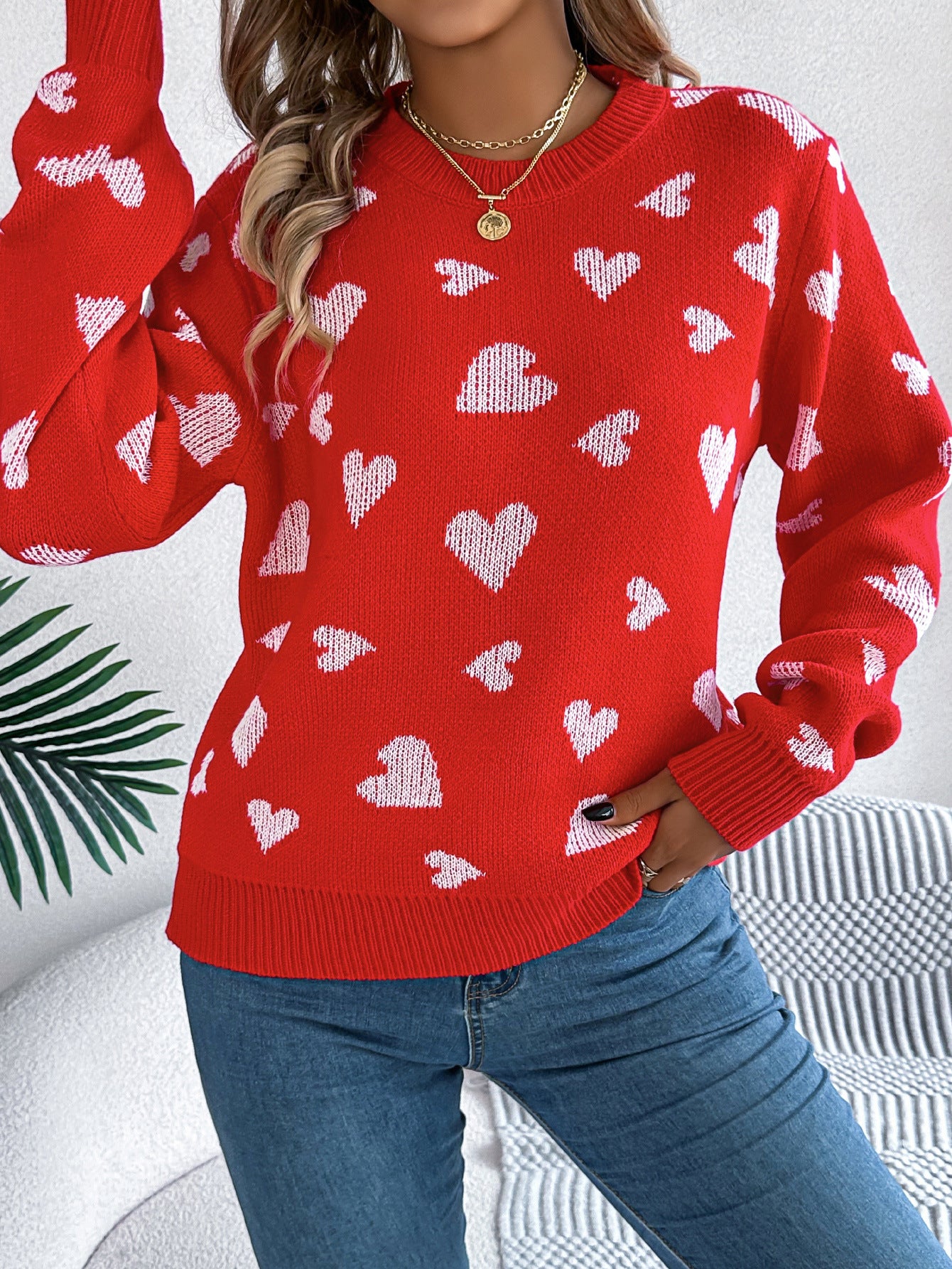 Clearance Casual Contrast Color Love Lantern Sleeve Pullover Sweater