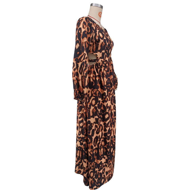 Women's Backless Midriff Outfit Sexy Leopard Print Long Sleeve Comfortable Dress