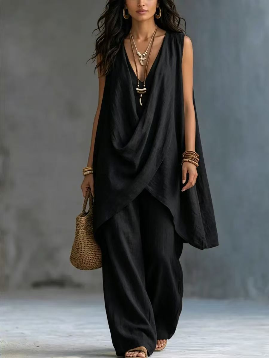 Women's Sleeveless Cross Loose Wide Leg Two-piece Fashion Casual Suit