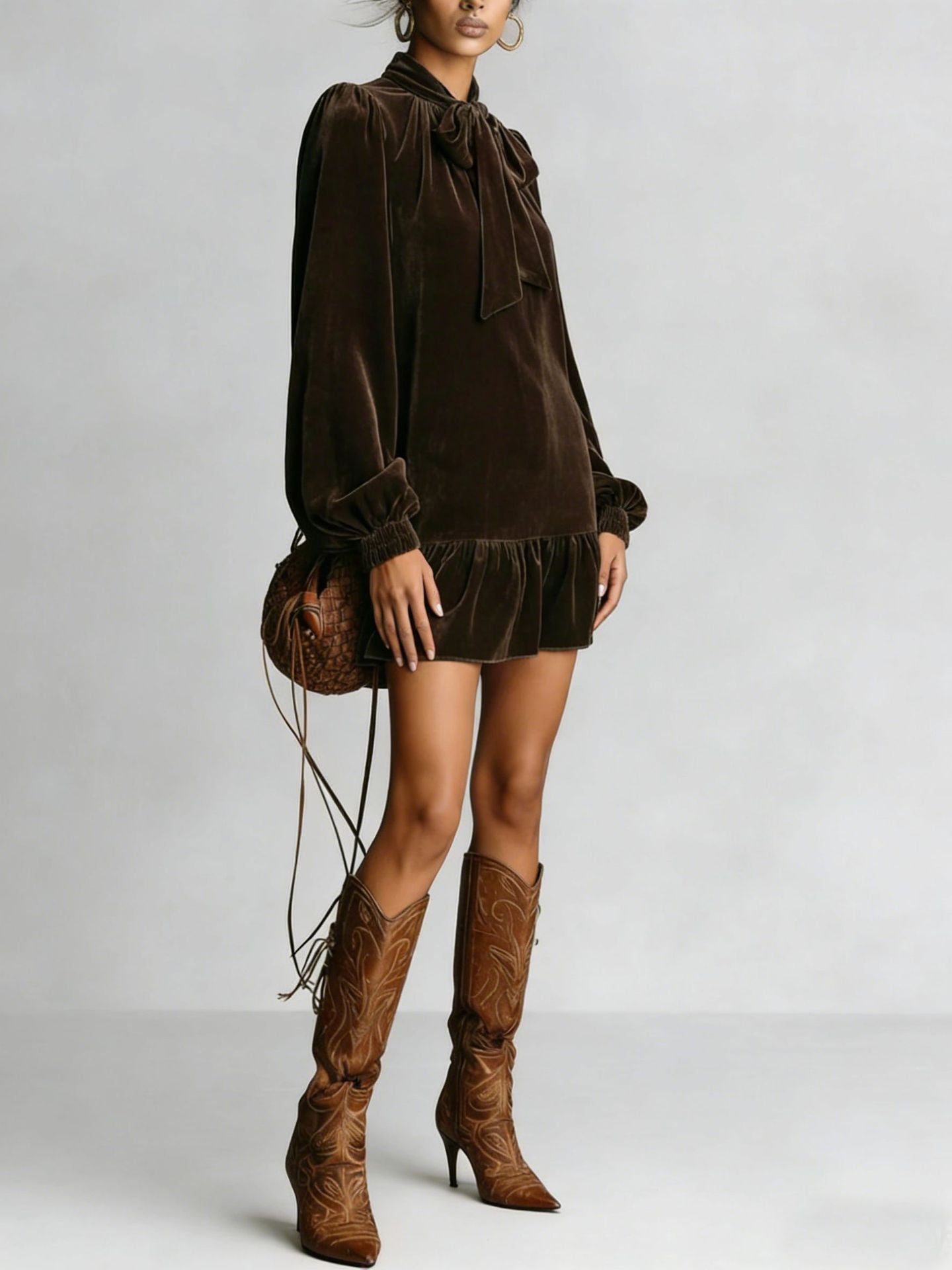 Women's Loose Lantern Sleeve Bow Pure Color Dress