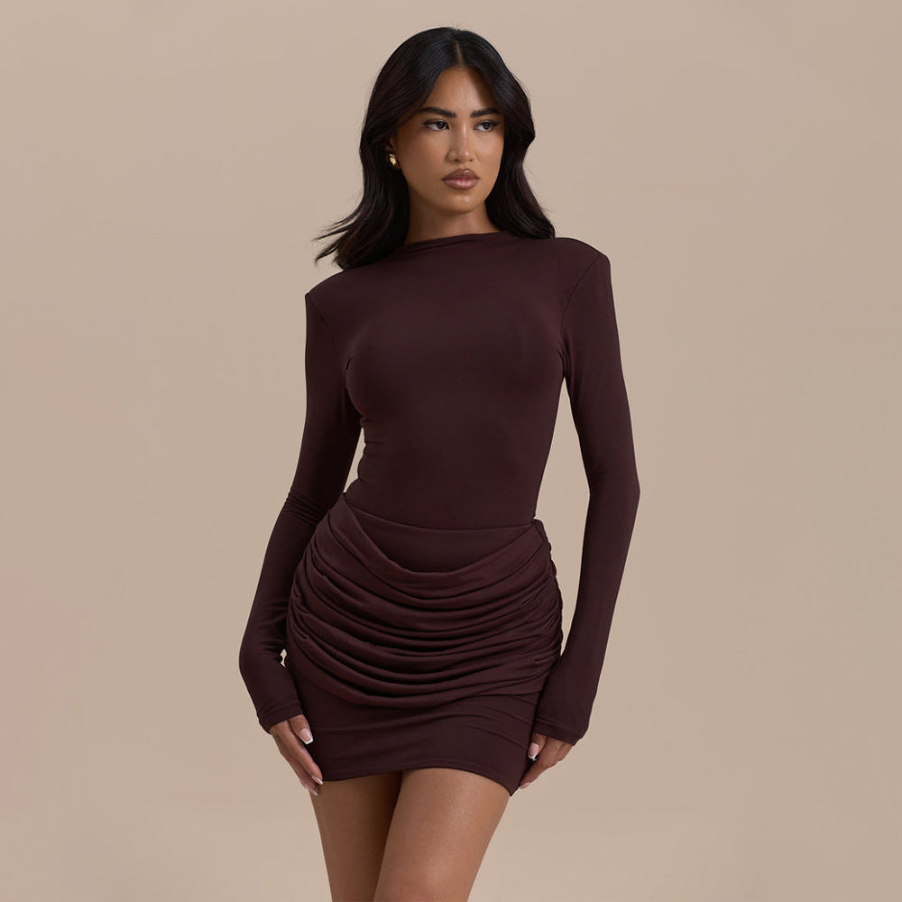 Women's Solid Color Round Neck Pleated Hot Sexy Dress