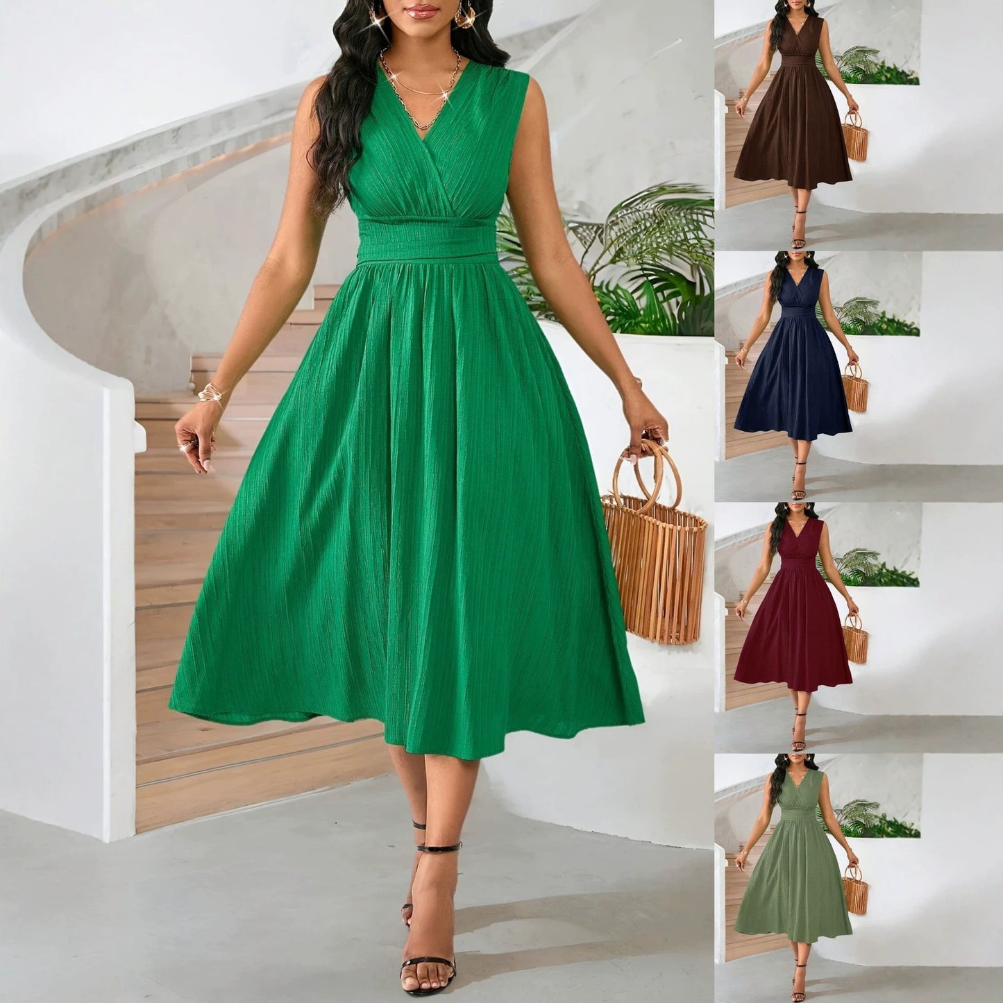 Wave Ruffle Mid-length Sleeveless Summer Holiday Smocking Formal Dress
