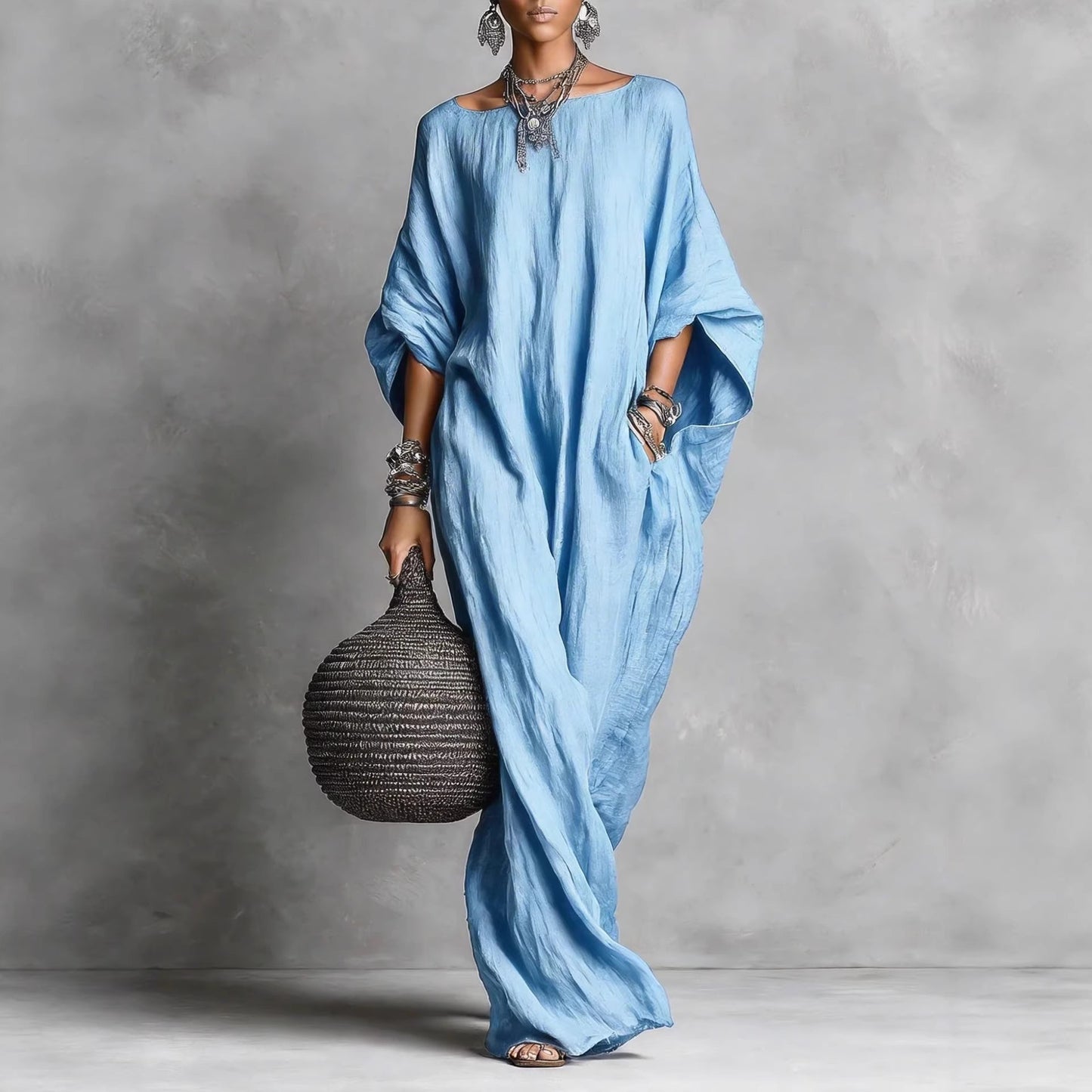 Women's Retro Solid Color Temperament Long Sleeve Dress