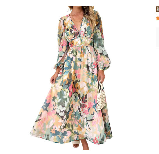 Women's Style Deep V Printed High Waist Casual Long Dresses