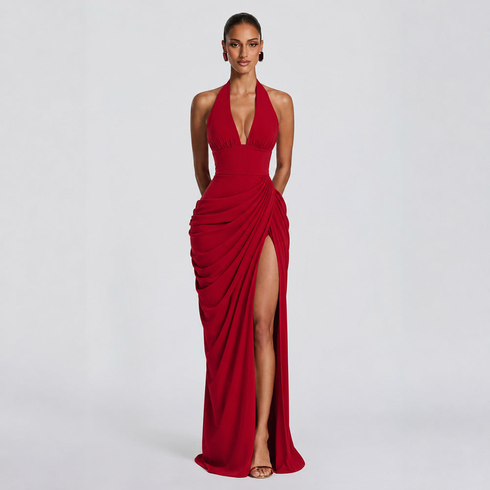 Women's Halter Fashionable Elegant Sexy Pleated Waist Dress