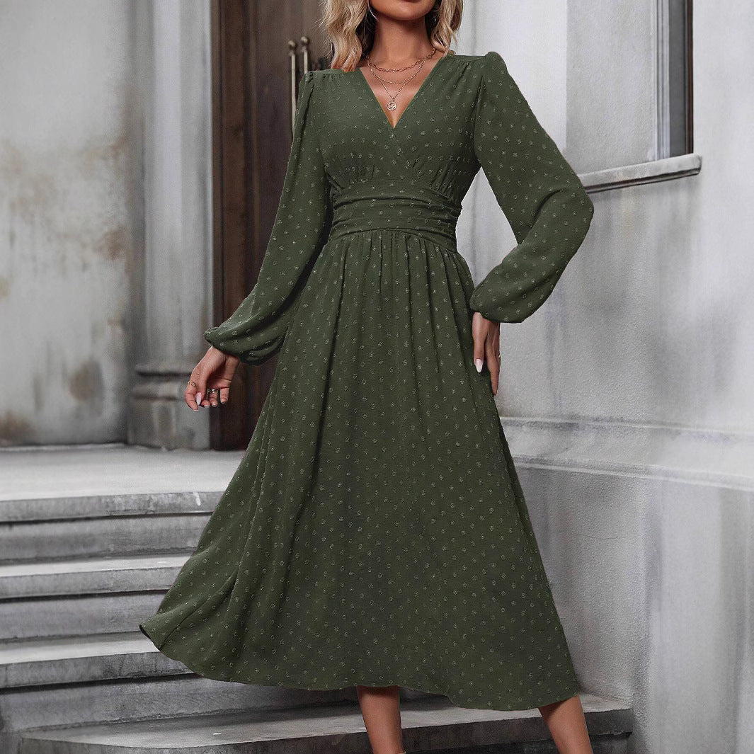 Women's Diagonal Collar Lantern Sleeve Elegant Slimming Dress