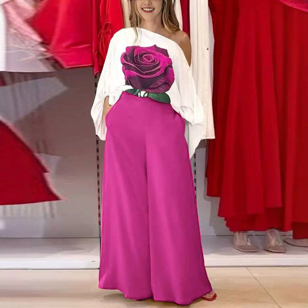 Pattern Lantern Sleeve Loose Off Shoulder Blouses