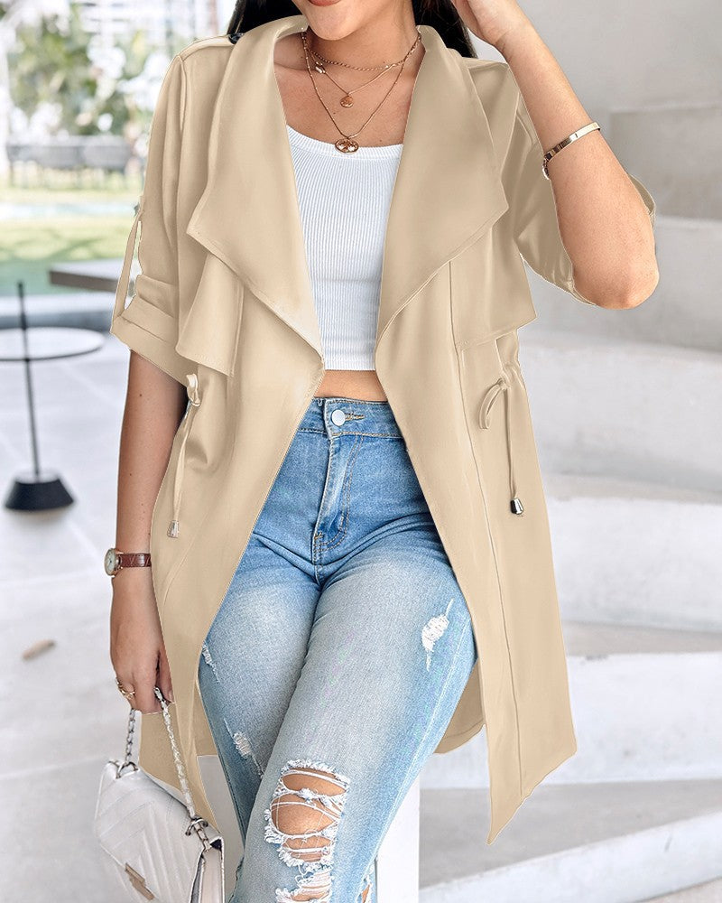 Women's Loose Solid Color Rolled Sleeves Mid-length Coats